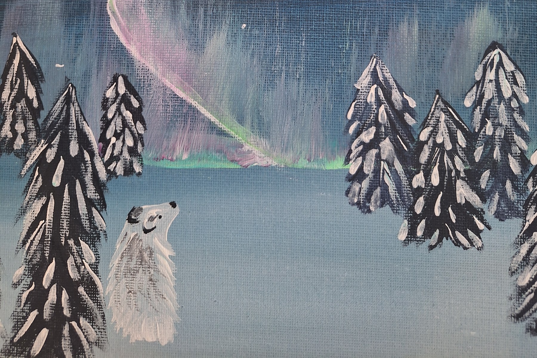 Northern Lights painting with snowy trees and a polar bear